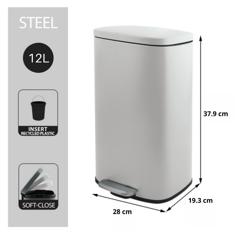 Spirella Cestino a Pedale Akira 12L in Acciaio Inox con Chiusura Ammortizzata e Design Moderno Bianco Opaco