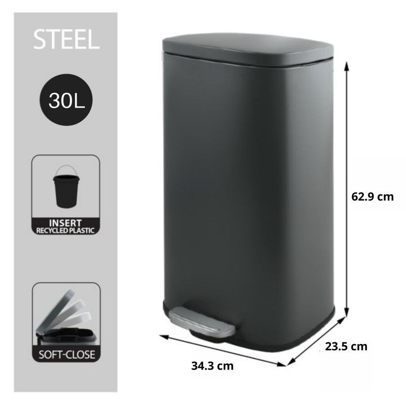 Spirella Cestino da Cucina a Pedale AKIRA 30L - Acciaio Robusto, Chiusura Lenta e Silenziosa, Grigio Opaco