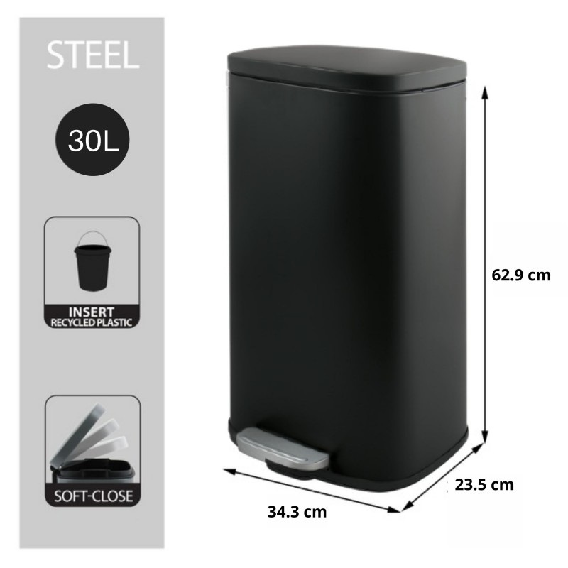 Spirella Cestino a Pedale AKIRA 30L in Acciaio Inox - Design Moderno Rettangolare con Rivestimento Anti-Tracce e Chiusura Silenziosa - Nero Opaco