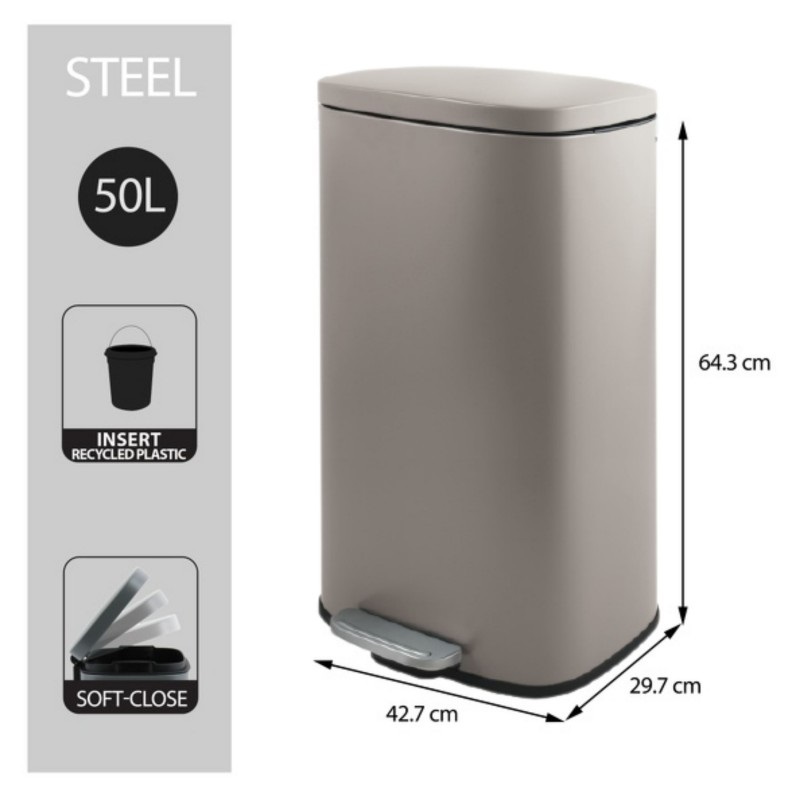 Spirella Cestino a Pedale AKIRA 50L in Acciaio Inox - Design Moderno Rettangolare con Rivestimento Anti-Tracce e Chiusura Silenziosa - Tortora Opaco
