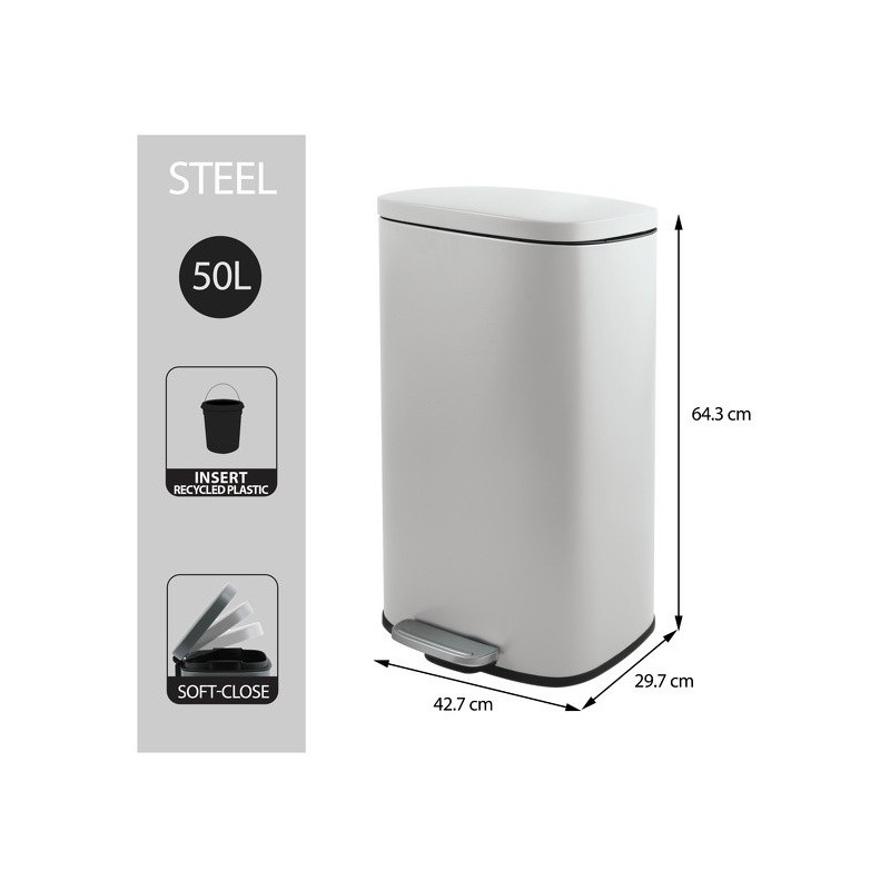 Spirella Cestino a Pedale Akira 50L in Acciaio Inox con Chiusura Ammortizzata e Design Moderno Bianco Opaco