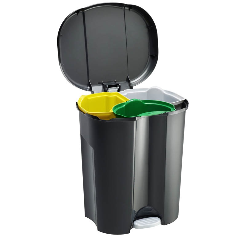 ROTHO Pattumiera per Raccolta Differenziata Trio 60 L Nero - 3 Scomparti (10L 2x15L), a Pedale, in Polipropilene