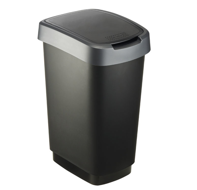 Rotho Pattumiera 25 L con Coperchio Basculante in Polipropilene Nero/Grigio - Doppia Apertura e Portasacchetti Nascosto