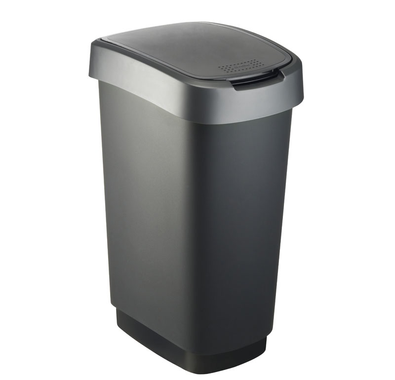 Rotho Pattumiera 50 L in Polipropilene (PPL) Nero/Grigio con Coperchio Basculante e Portasacchetti Nascosto