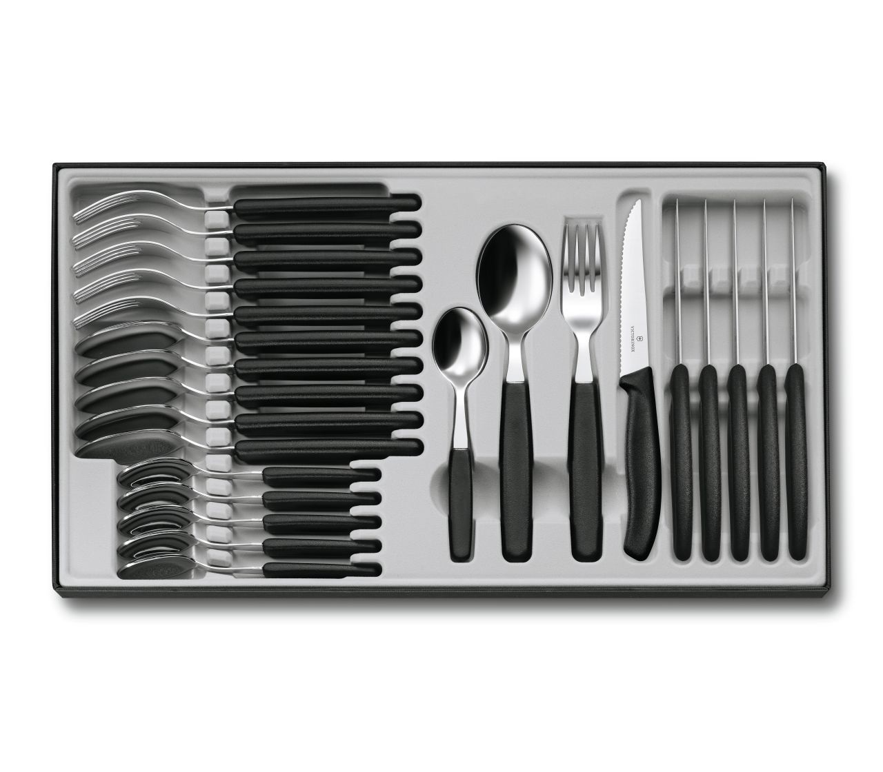 Victorinox Classic Set di Posate da Tavola 24 Pezzi - Coltelli da Carne, Forchette, Cucchiai e Cucchiaini in Nero per 6 Persone