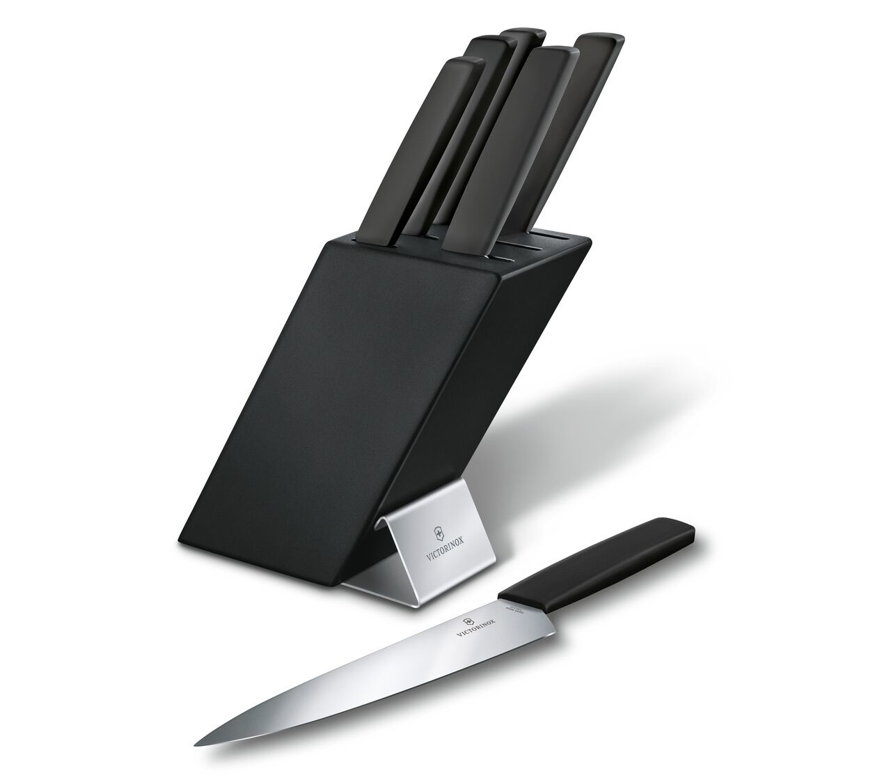 Victorinox Swiss Modern Ceppo di Coltelli 6 Pezzi in Legno di Faggio Nero con Coltello da Cucina, Coltello da Pane e Coltello Santoku