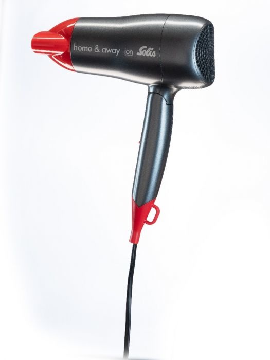 Solis Home & Away 3791 Asciugacapelli da Viaggio 1800 W con Tecnologia Ionica e Ugello per Ondulazione - Antracite/Rosso