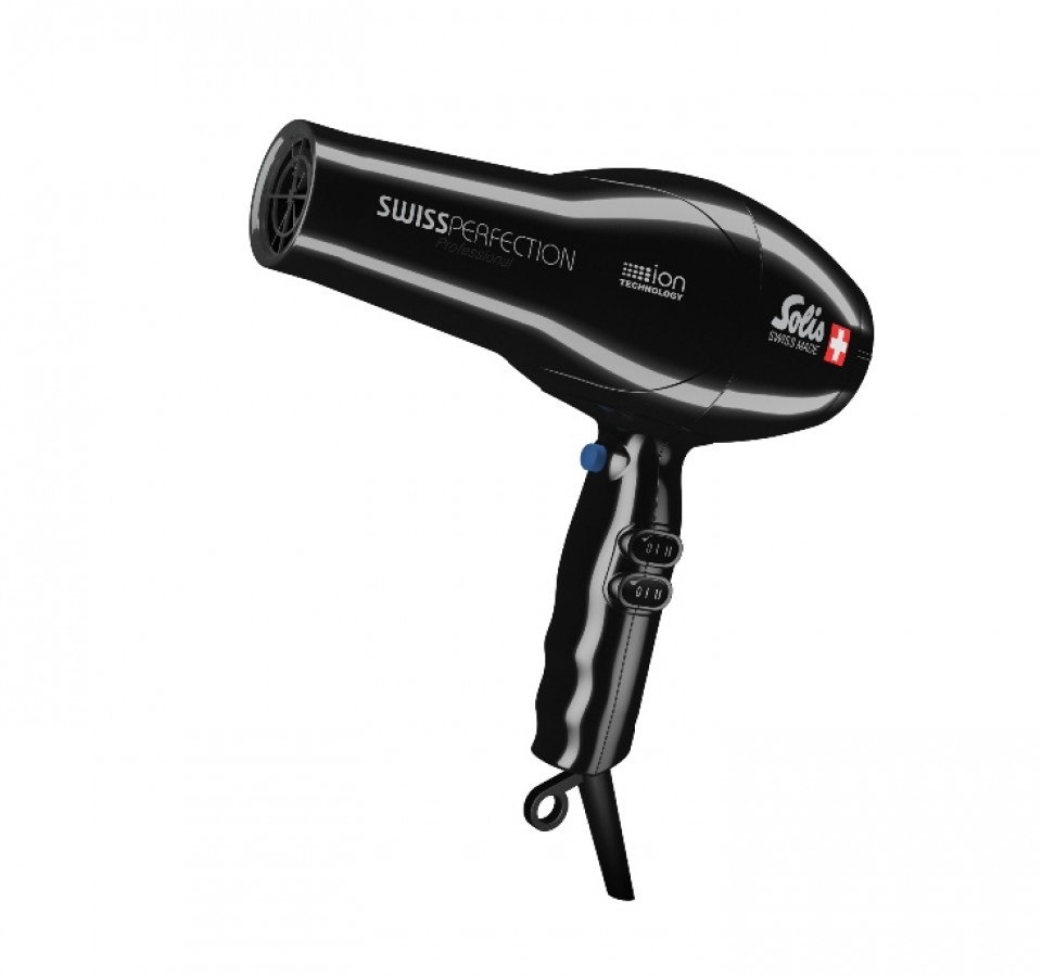 Solis Swiss Perfection Asciugacapelli Professionale 2300 W Nero - Tecnologia agli Ioni, Ceramica e Tormalina, 3 Impostazioni di Temperatura, Funzione Aria Fredda