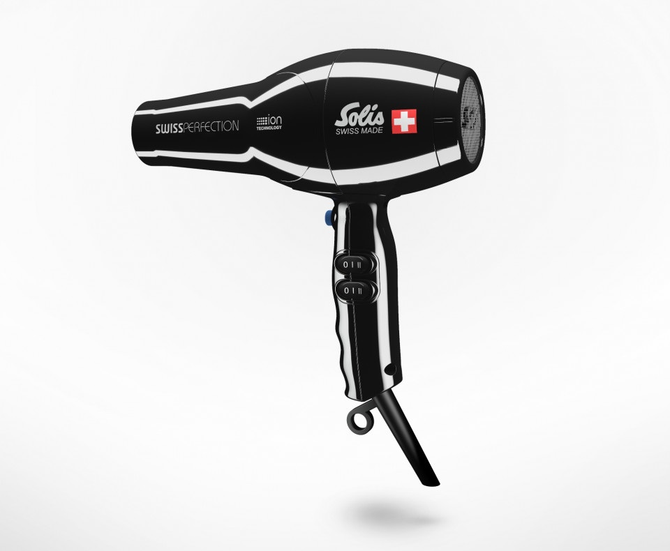 Solis Swiss Perfection Asciugacapelli Professionale 2300 W Nero - Tecnologia agli Ioni, Ceramica e Tormalina, 3 Impostazioni di Temperatura, Funzione Aria Fredda