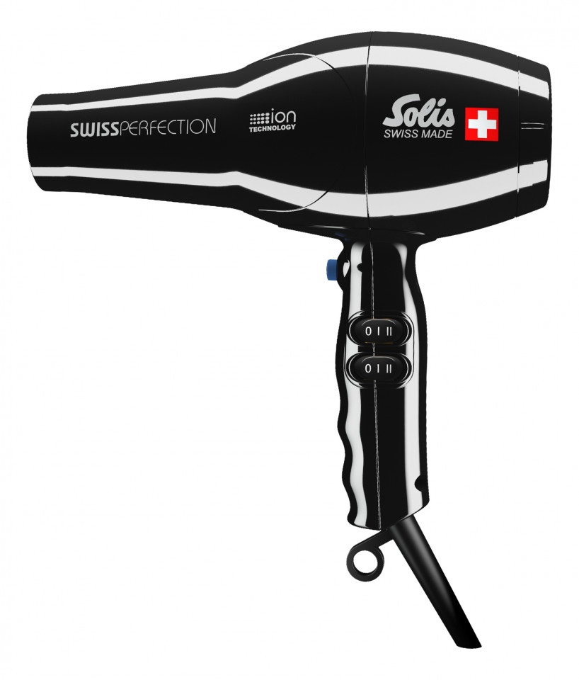 Solis Swiss Perfection Asciugacapelli Professionale 2300 W Nero - Tecnologia agli Ioni, Ceramica e Tormalina, 3 Impostazioni di Temperatura, Funzione Aria Fredda