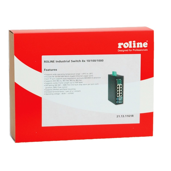 ROLINE Switch Industriale Gigabit Ethernet Non Gestito con 8 Porte RJ-45 (10/100/1000) - Nero