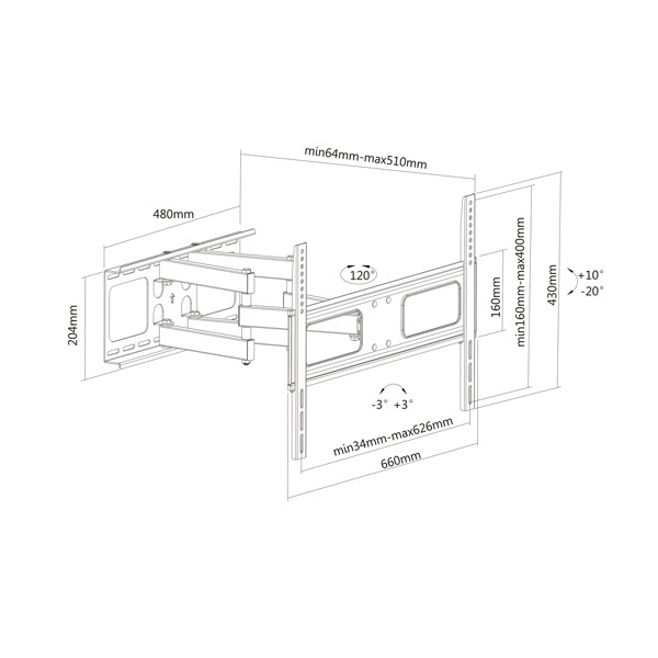 VALUE Supporto TV a parete articolato 17.99.1205, per schermi da 37 a 70 pollici (94 cm - 177,8 cm), fino a 50 kg, Nero