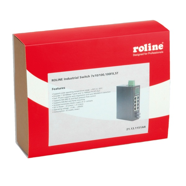 ROLINE Industrial Switch, 7x RJ-45, 1x ST, unmanaged, Full Duplex, Fast Ethernet, Dimensioni 106 x 40 x 140 mm