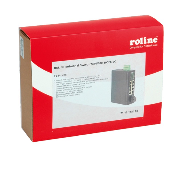 ROLINE Industrial Switch, 7x RJ-45, 1x SC, unmanaged, Full Duplex, Fast Ethernet, Dimensioni 106 x 40 x 140 mm