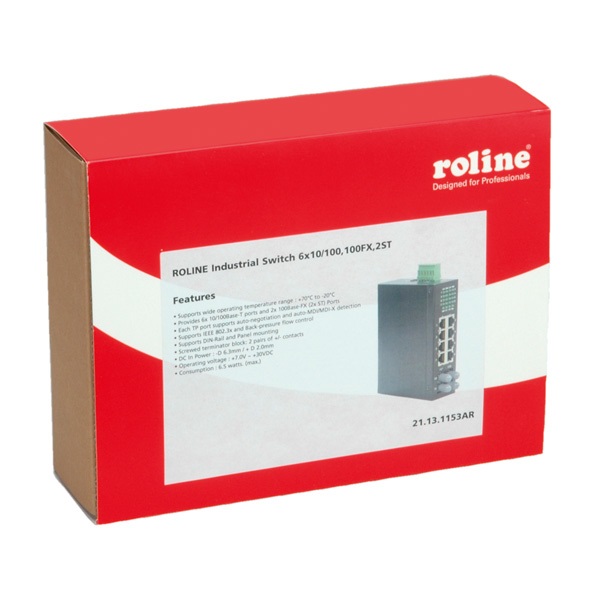 ROLINE Industrial Switch, 6x RJ-45, 2x ST, unmanaged, Full Duplex, Fast Ethernet, Dimensioni 106 x 40 x 140 mm