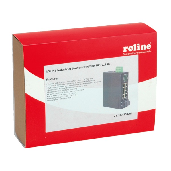 ROLINE Switch Industriale 6x RJ-45, 2x SC, Unmanaged, Full Duplex, Dimensioni 106 x 40 x 140 mm, Connettore SC