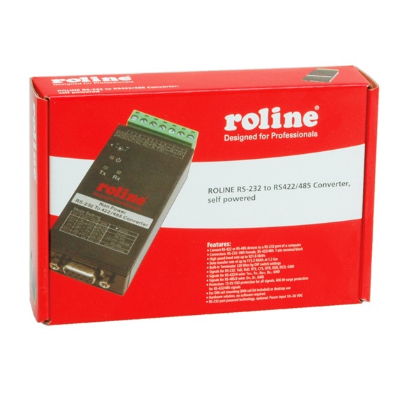 ROLINE RS-232 to RS-422/485 Converter, Din Rail, self powered, Nero - Include cavo di interfaccia e adattatore, compatibile con porte COM seriali