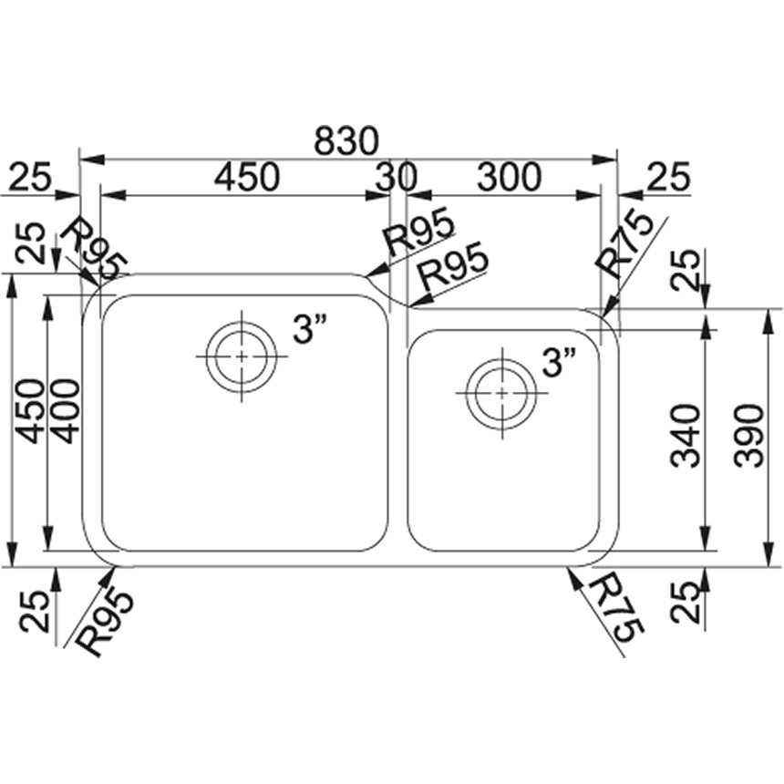 Franke GAX 120 Lavello Sottopiano Rettangolare in Acciaio Inox Satinato con 2 Vasche - Dimensioni 780 x 400 mm