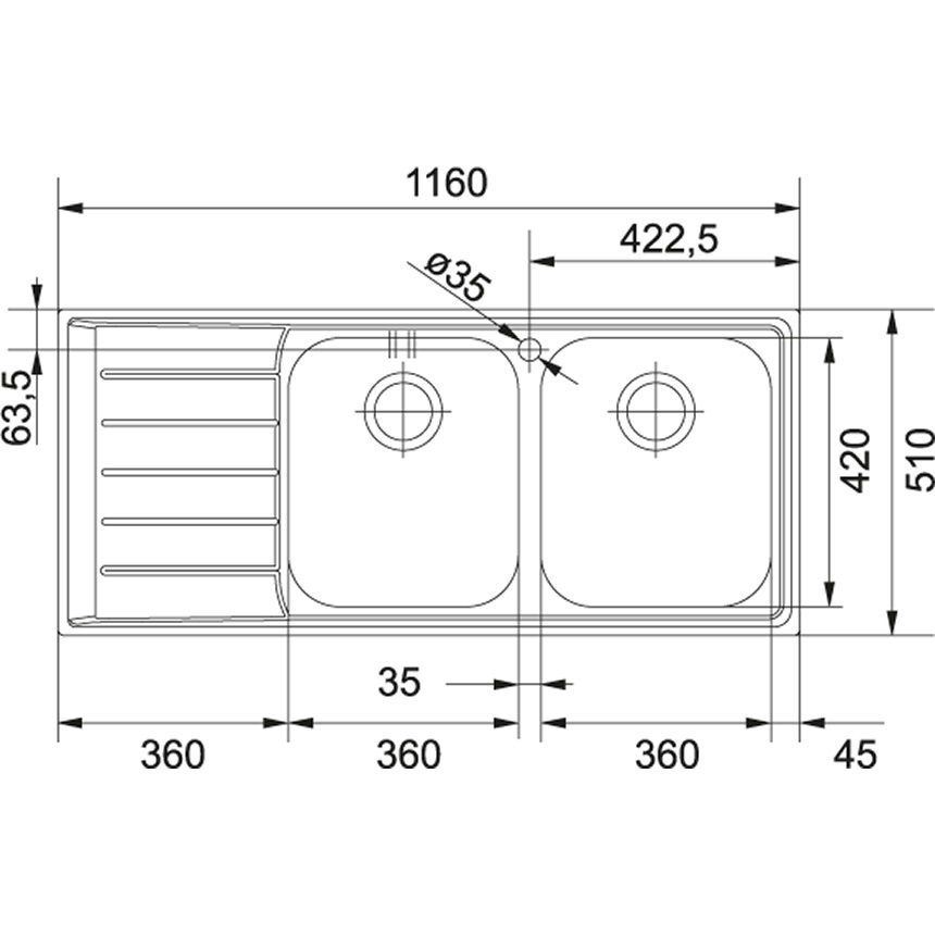 Franke NEX 621 Lavello Montato su Piano Rettangolare in Acciaio Inox Satinato con 2 Vasche e Gocciolatoio a Destra - Dimensioni 116 x 51 cm