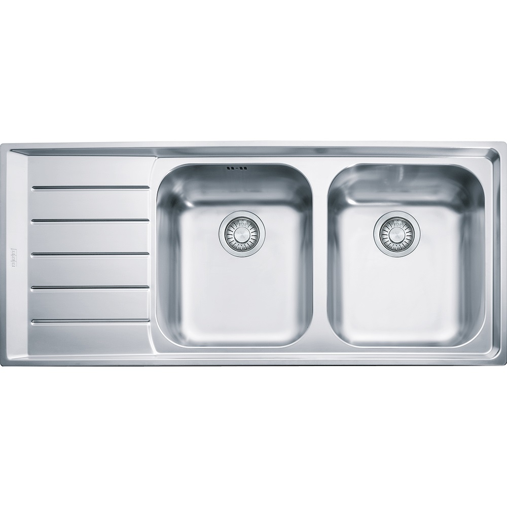 Franke NEX 621 Lavello Montato su Piano Rettangolare in Acciaio Inox Satinato con 2 Vasche e Gocciolatoio a Sinistra - 116 x 51 cm