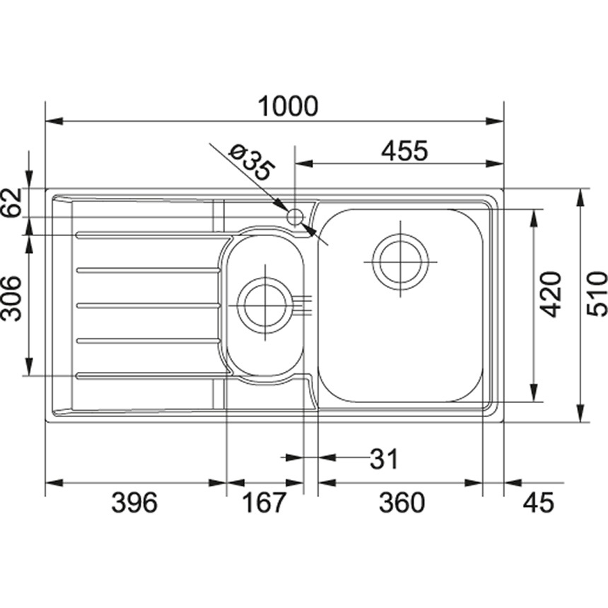 Franke NEX 651 Lavello Montato su Piano Rettangolare in Acciaio Inox Satinato 100x51 cm con 1 Vasca e 1/2 e Gocciolatoio a Sinistra