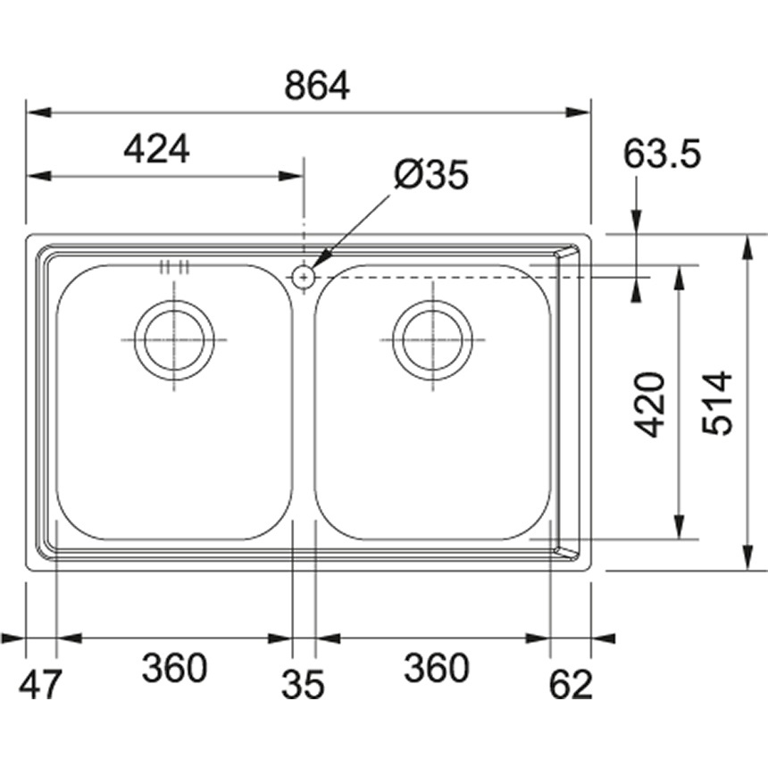 Franke NEX 220 Lavello Montato su Piano Rettangolare in Acciaio Inox Satinato con 2 Vasche - Dimensioni 86 x 51 cm