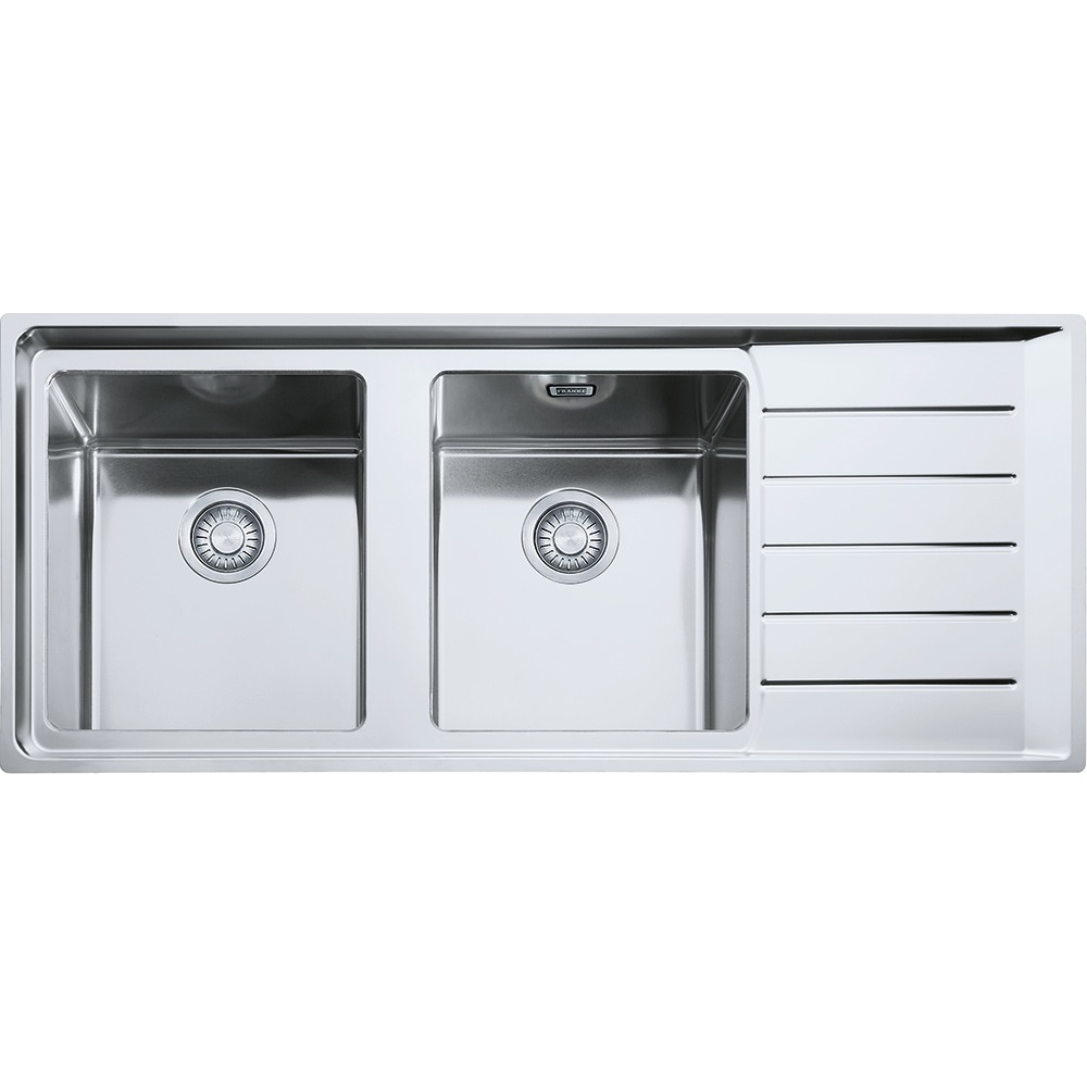 Franke NPX 621 Lavello Montato su Piano Rettangolare in Acciaio Inox Satinato con 2 Vasche e Gocciolatoio a Destra - 116x51 cm
