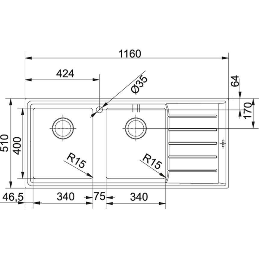 Franke NPX 621 Lavello Montato su Piano Rettangolare in Acciaio Inox Satinato con 2 Vasche e Gocciolatoio a Destra - 116x51 cm