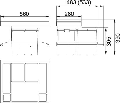 Franke Sorter Pattumiera Vario 60 - Contenitore per Rifiuti Grigio, 56x39x48,3 cm, 3 Scomparti (2x8L 1x18L), Facile da Pulire
