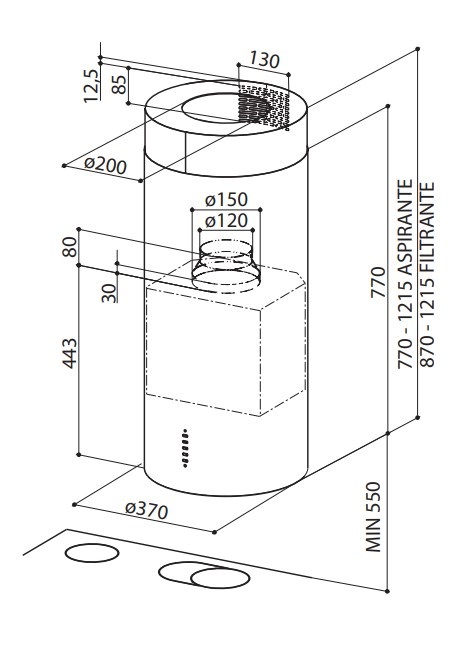 Faber CYLINDRA ISOLA EV8 X A37 Cappa Aspirante a Isola Ø 37 cm in Acciaio Inox 570 m³/h