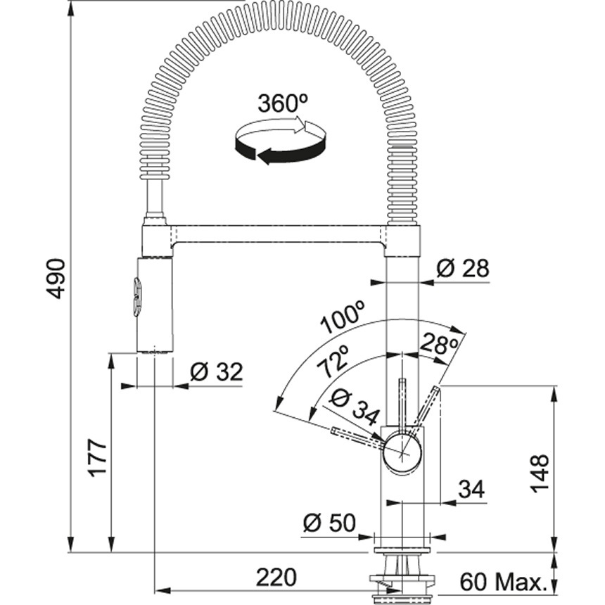 Franke Fox Pro Doccia 115.0486.993 Miscelatore Semi-professionale Cromo con Doccetta Orientabile e Rotazione Canna 360°