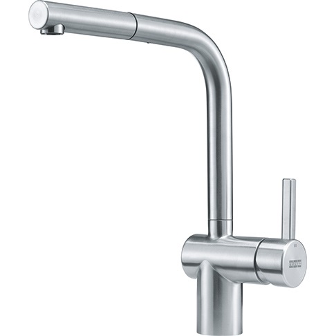 Franke Atlas Neo Rubinetto da Cucina Sottofinestra con Beccuccio Estraibile in Acciaio Inox Satinato, Doccetta Orientabile, Leva Sanitaria