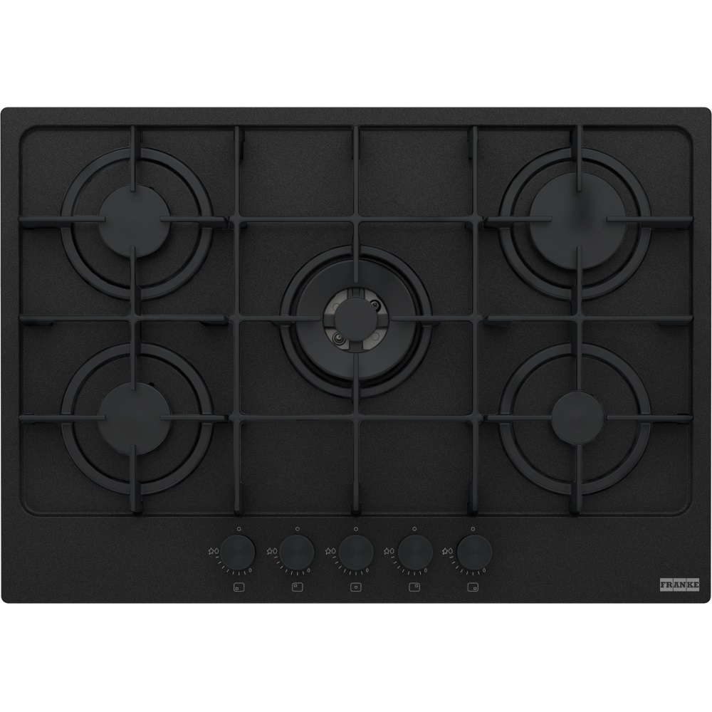 Franke FHMA 755 4G DC MB C Piano Cottura a Gas da Incasso 73 cm, 5 Fuochi con Doppia Corona e Griglie in Ghisa, Nero Opaco
