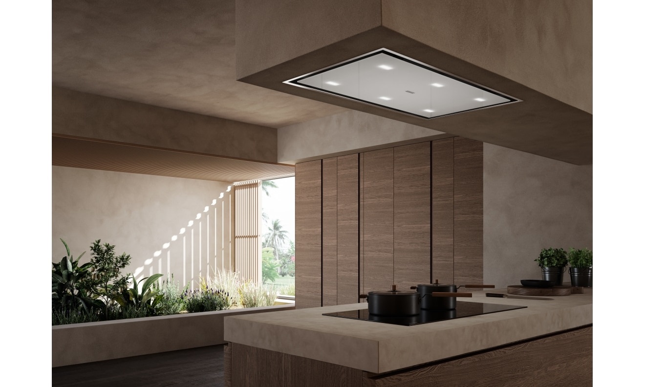 Franke FCMA90CWHGA Cappa a soffitto Integrata in Acciaio inox e Cristallo Bianco, Aspirante, Classe A , 250 W, 400 m³/h