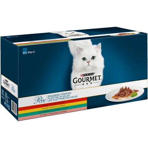 GOURMET Perle Filettini in Salsa per Gatti - Multipack 60 x 85 g (Manzo, Coniglio, Salmone, Pollo)