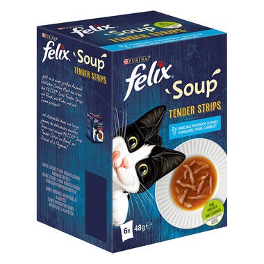 Felix Soup Filetti - Alimento umido per gatti 6 x 48 g - Varietà di Mare: Merluzzo, Tonno e Platessa