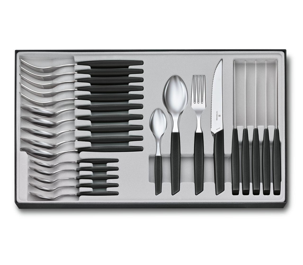 Victorinox Swiss Modern Set da Tavola 24 Pezzi per 6 Persone, Acciaio Inossidabile Nero con Coltelli da Bistecca Affilati