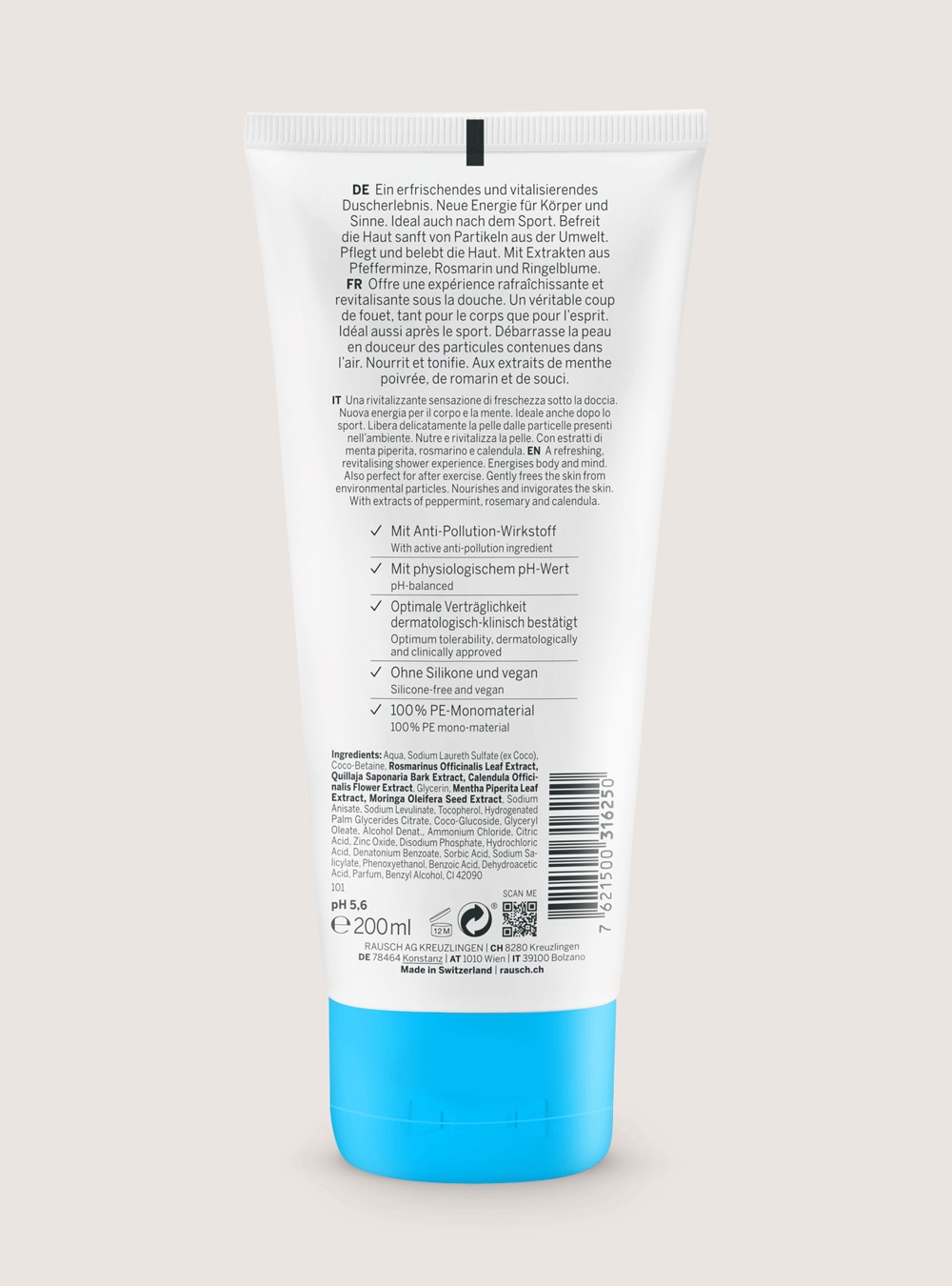 RAUSCH Freschezza Shower Gel alla Menta 200 ml - Gel Doccia Rivitalizzante Unisex