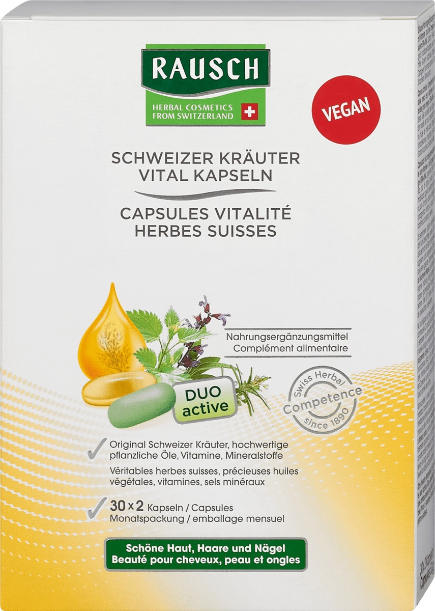 RAUSCH Capsule Vitalità alle Erbe Svizzere - 60 Capsule con Oli Vegetali, Vitamine e Minerali per Capelli, Pelle e Unghie