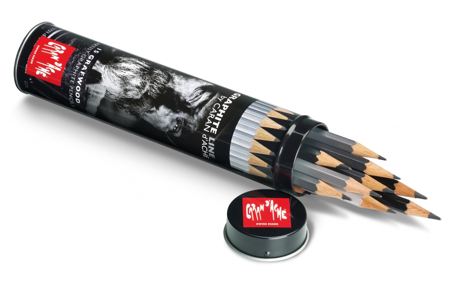 Caran d'Ache Graphite Line 775.315 - Set di 15 Matite Grafwood in Tubo Metallico con Assortimento di Mine Morbide, Medie e Dure