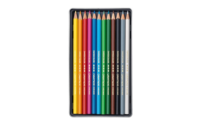 Caran d'Ache Swisscolor 1284712 - Astuccio in metallo con 12 matite colorate impermeabili