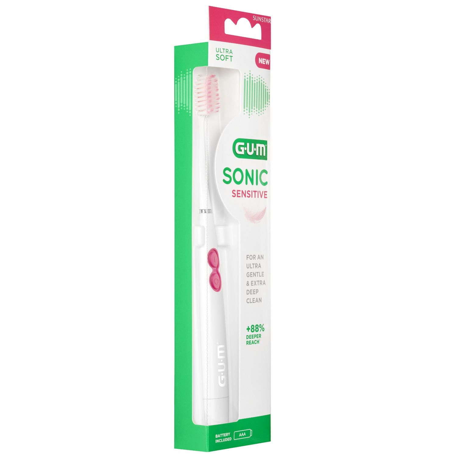 GUM Sonic Sensitive Spazzolino Elettrico a Batteria Bianco e Rosa - Pulizia Profonda e Ultra Delicata per Denti e Gengive Sensibili