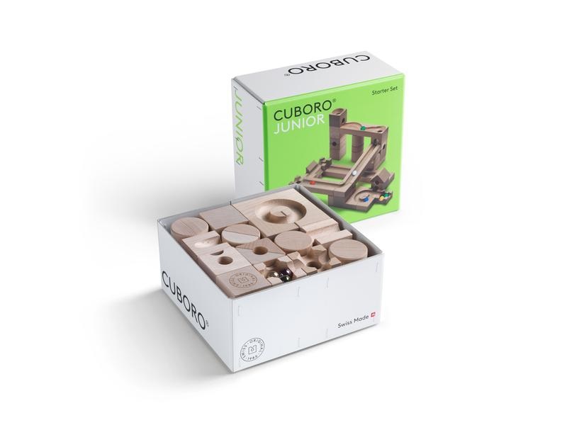 Cuboro Junior - Set di tracciato per biglie in legno con 40 elementi e 6 biglie colorate per bambini dai 3 anni