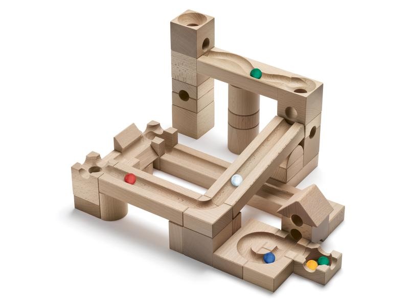 Cuboro Junior - Set di tracciato per biglie in legno con 40 elementi e 6 biglie colorate per bambini dai 3 anni