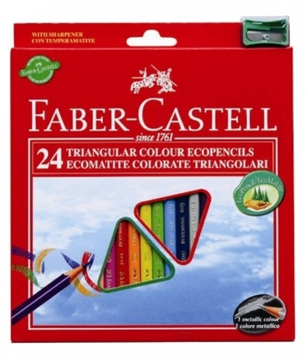 Faber-Castell Matite Colorate Eco Triangolari 24 Pz con Temperino - Mina 3 mm, Legno da Riforestazione FSC