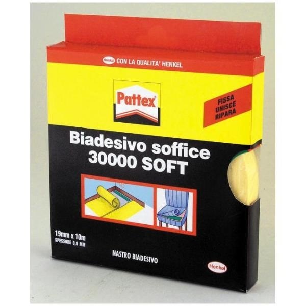 Pattex Nastro Biadesivo 30000 Soft - Forte, 19 mm x 10 m, Alta Tenuta, Resistente all'Umidità e ai Raggi UV, Ideale per Fiere, Mostre e Montaggio Interno/Esterno