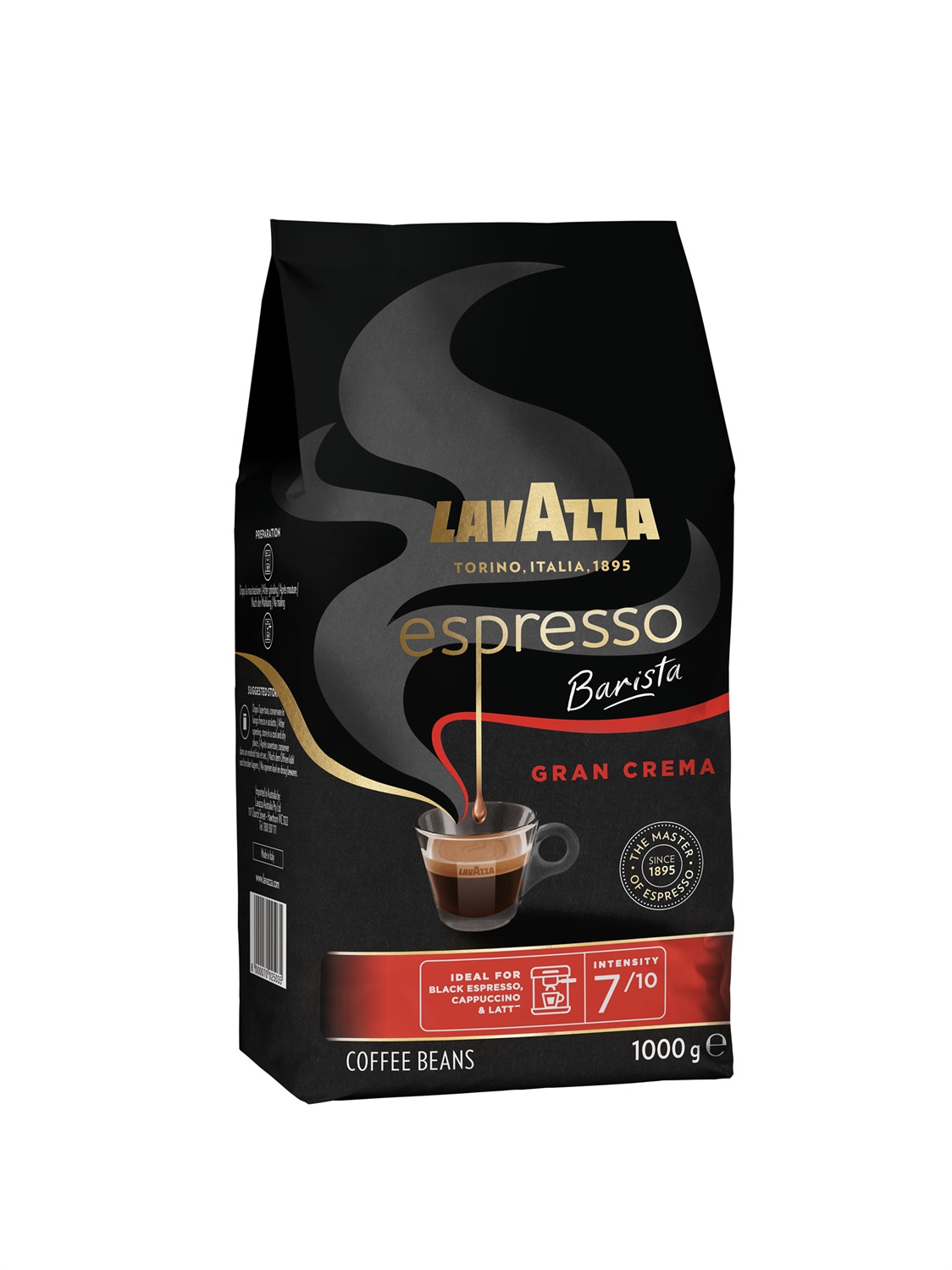 Lavazza Espresso Barista Gran Crema - Caffè in Grani Tostati a Tamburo, Note Aromatiche di Fiori, Arabica e Robusta, Intensità 7/10, Tostatura Leggera, 1 kg