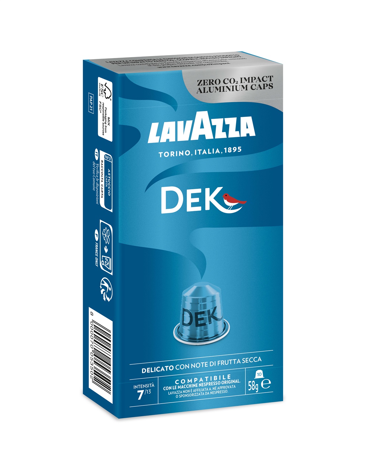 Lavazza Espresso Decaffeinato - Capsule Compatibili Nespresso, 10 Capsule in Alluminio, Note di Frutta Secca e Cioccolato, Intensità 7/13