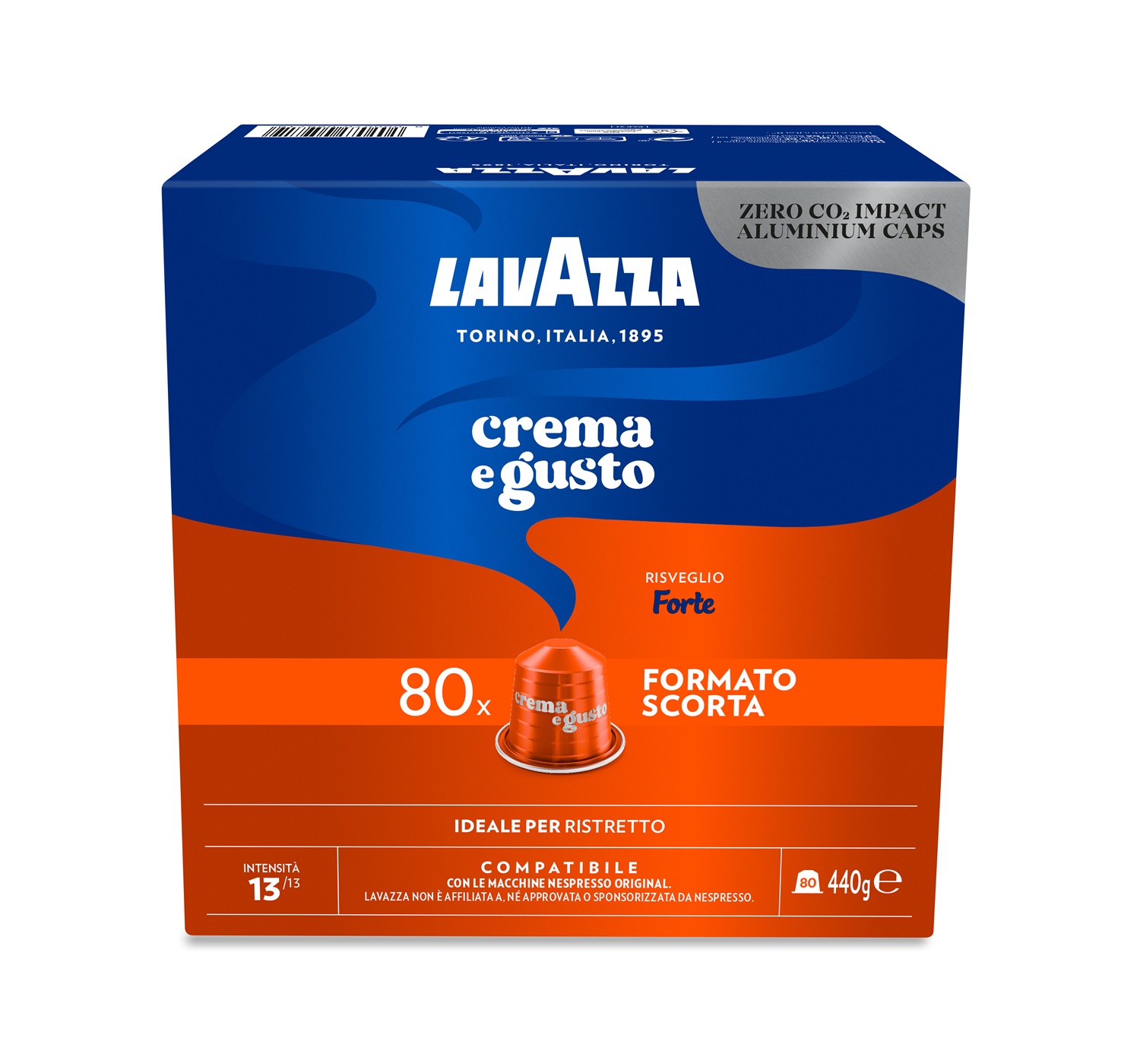 Lavazza Capsule Compatibili Nespresso Crema e Gusto Forte, 80 Capsule in Alluminio, Intensità 13/13, Tostatura Scura