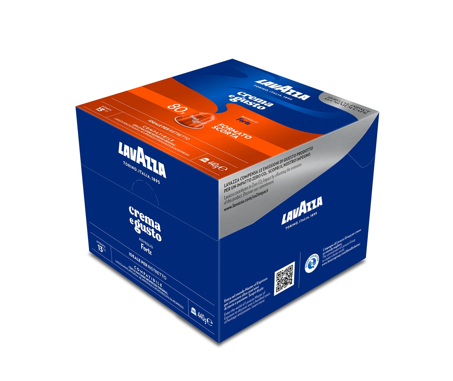Lavazza Capsule Compatibili Nespresso Crema e Gusto Forte, 80 Capsule in Alluminio, Intensità 13/13, Tostatura Scura